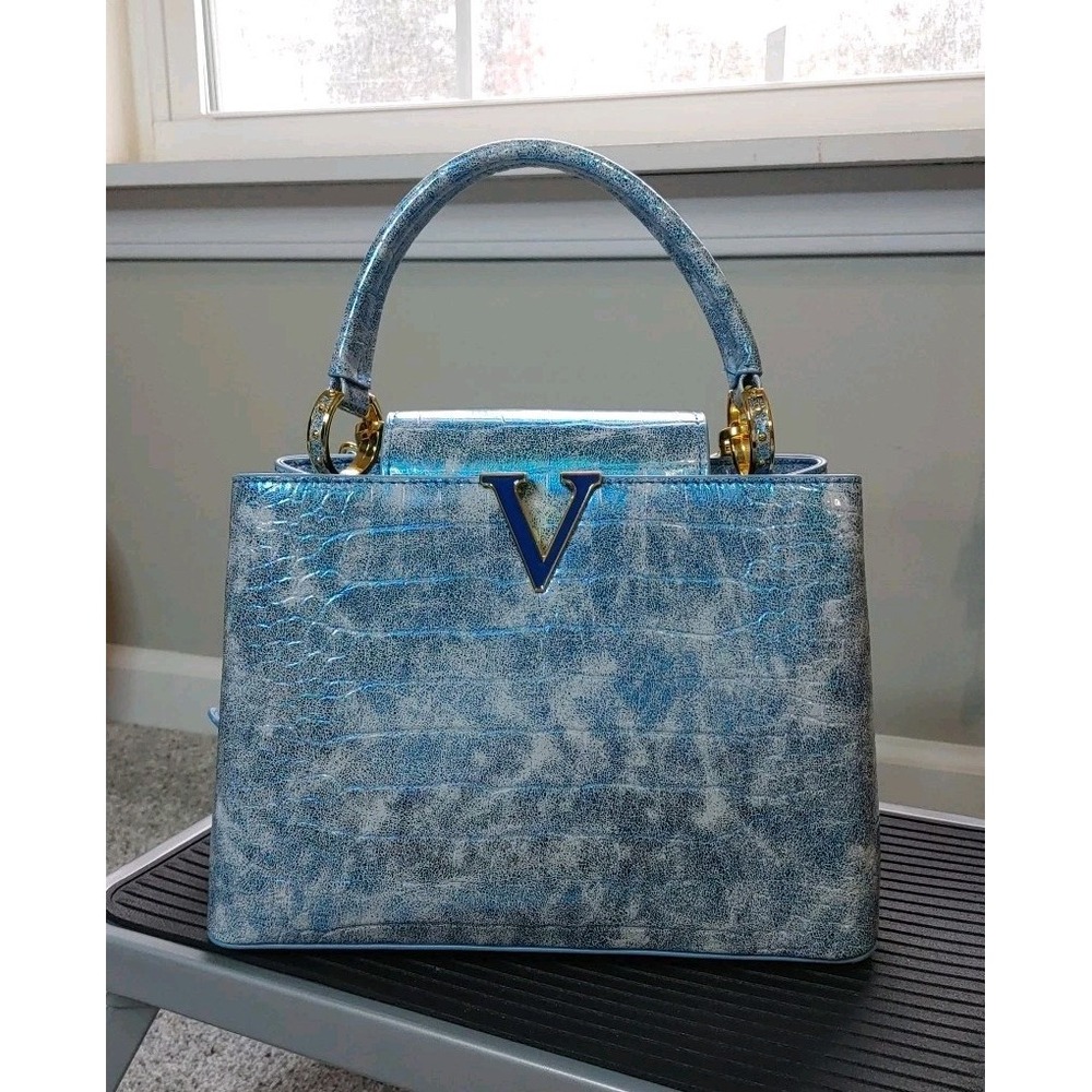 Blue Metallic Croc Embossed V Logo Top Handle Satchel Crossbody handBag